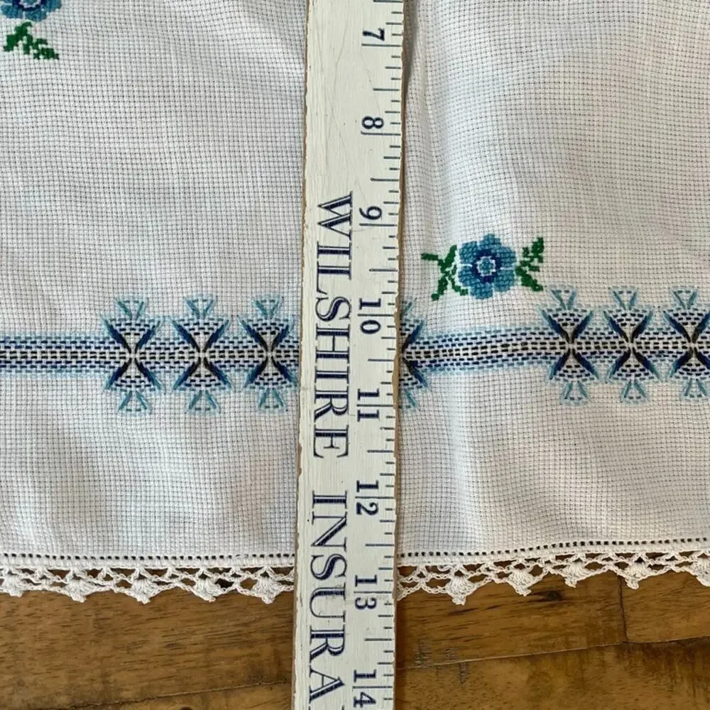 White Cotton Napkin Set (4) Handmade Blue Cross-Stitch Floral Crochet Border